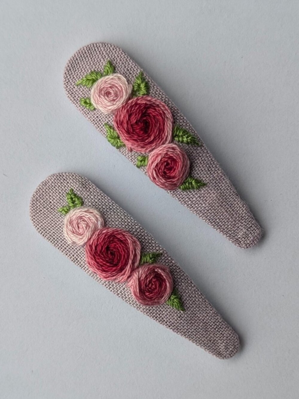New Rose Trio hand embroidered linen cotton hair clips handmade accessories
